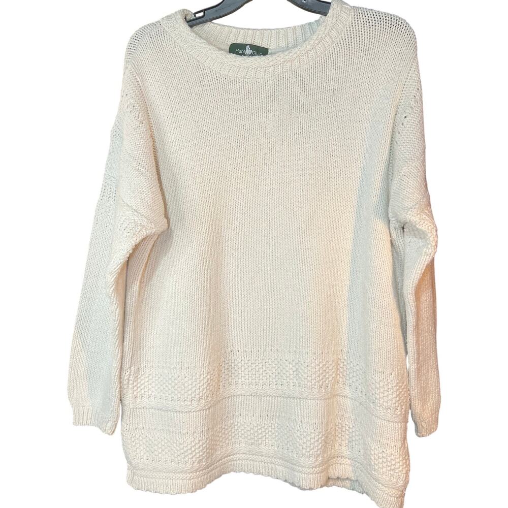 Vntg 100% Cotton Hunt Club Cream Colored Knit Pullover Sweater Size Large Men’s